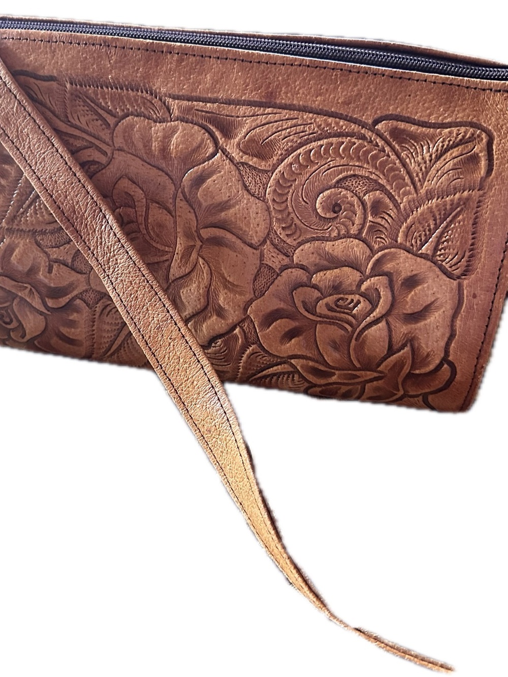 Hand-Tooled Floral Leather shoulder Bag Brown